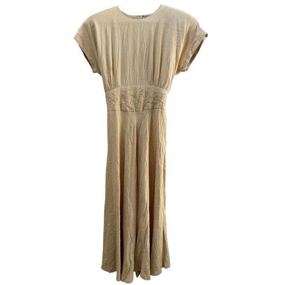Vintage Karin Stevens Dijon Yellow Blouson Dress Embroidered Pearl Waist Size 4P - Picture 1 of 9